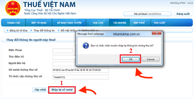 Thay đổi thông tin nhantokhai.gdt.gov.vn